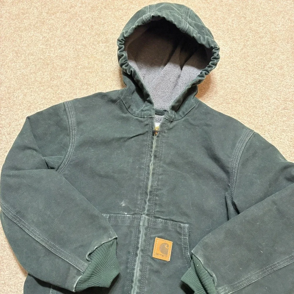 Vtg Carhartt Jacket Boys‎ Small 6/7 Spruce Green Canvas Hooded Active YYJ169 SPC